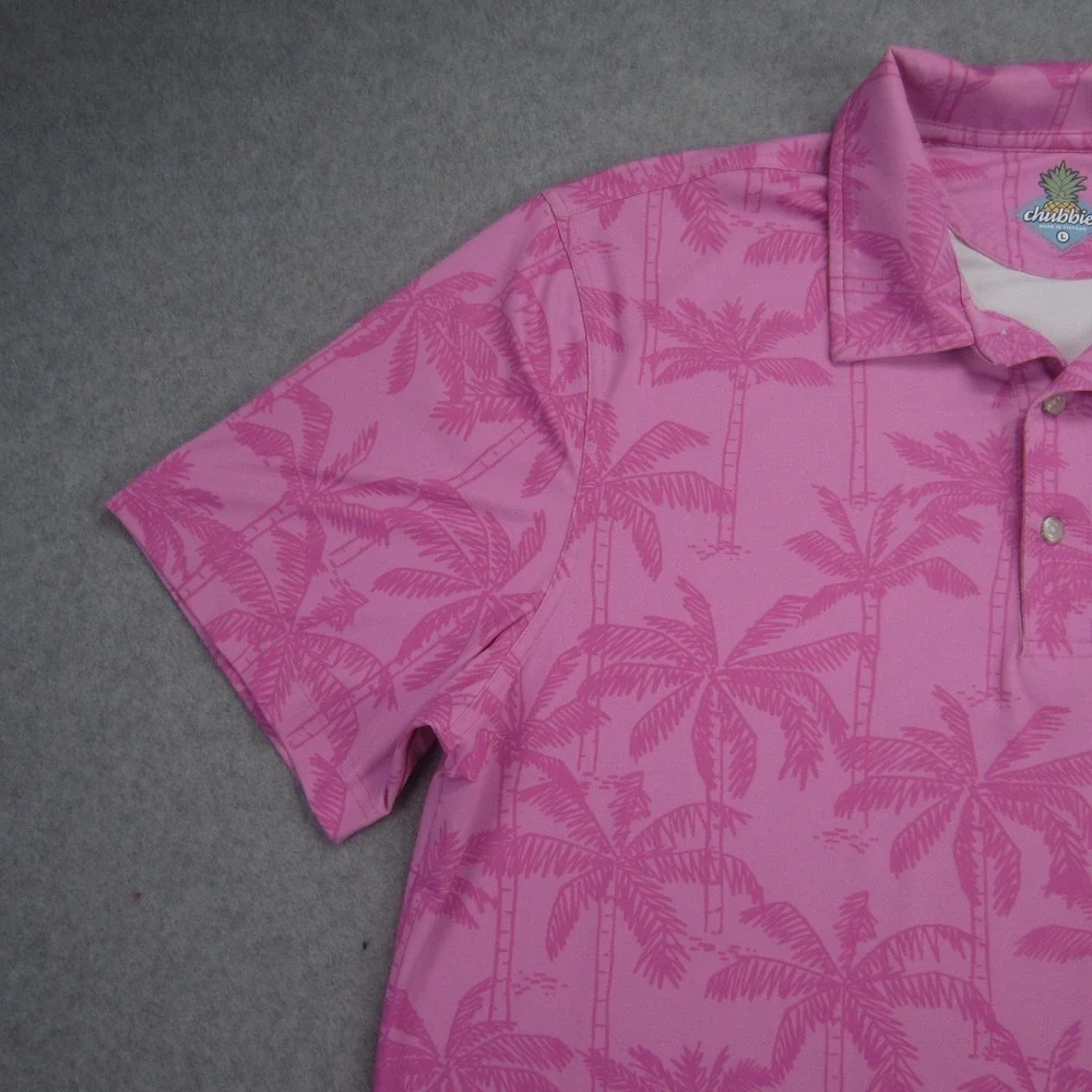 Chubbies Polo Shirt Mens Large Pink Palm Tree Performance Short Sleeve Stretch - Picture 3 of 16